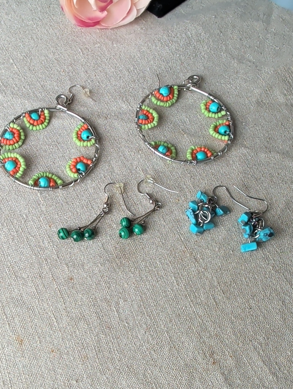 Boho Southwestern Earring Lot of 3 Pairs Artisan Style Beaded Hoops & Dangles